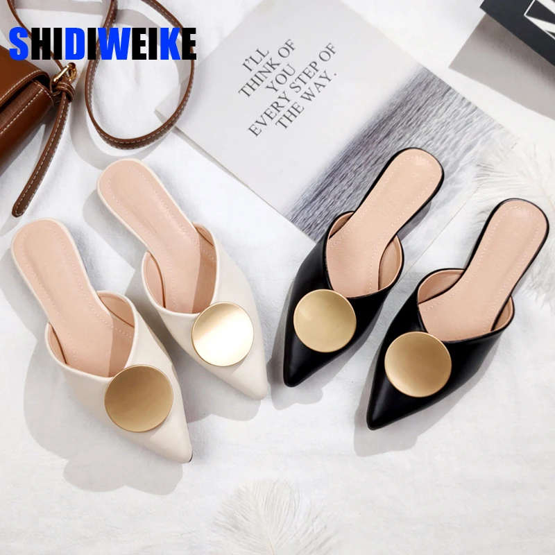

Women Shoes Ladies Mules Pointed Toe Shoes Woman Slippers Plus Size 42 Solid Black Leather Sole Flat Slides Casual Shoes AC881