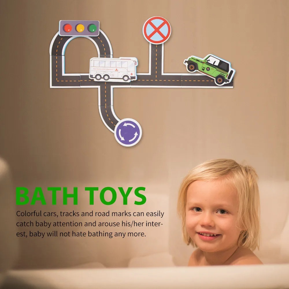 

Early Education Toys Travel Puzzle Toys Waterproof EVA Bath Tub Kids Swimming Play Bath Toys Including Cars Tracks Road Marks