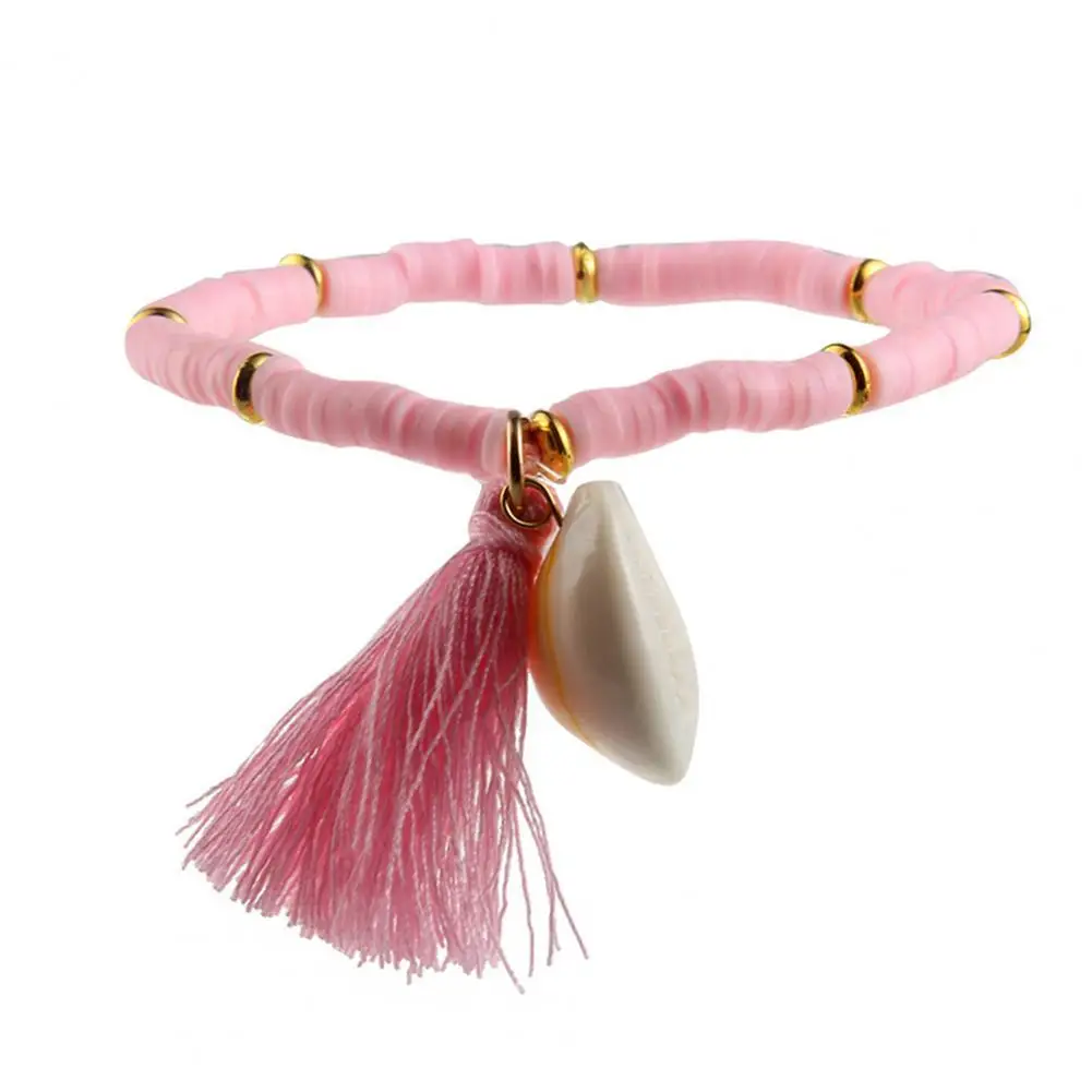

2021 Classic Multicolor Shell Dangle Women Bracelet Polymer Clay Tassel Elastic Chain Bead Bracelet Jewelry Accessory for Beach