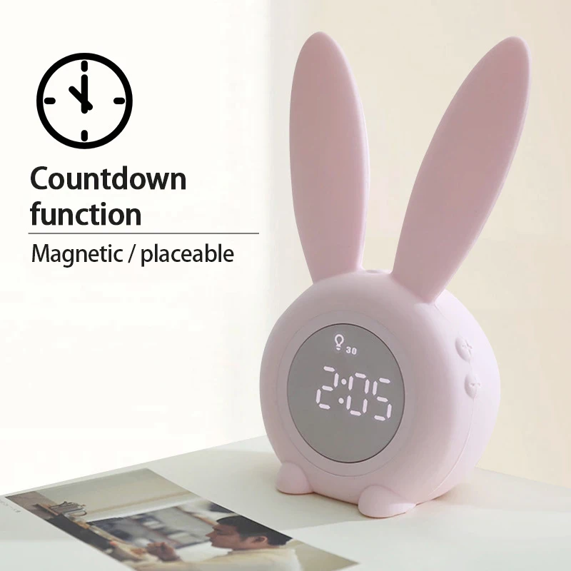 

1pcs Alarm Clock Cute Rabbit Digital Alarm Clock With Led Sound Night Light Rechargeable Voice Control Brightness Magnetic