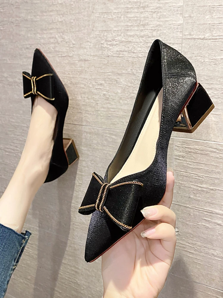 

Туфли-лодочки женские на блочном каблуке, без застежки, с бантом