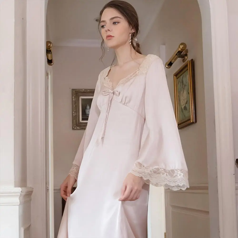 IreneTinnie Elegant Palace Nightdress Spring Autumn Long-Sleeved Satin Silk Sexy V-neck Retro Long Home Service Nightdress