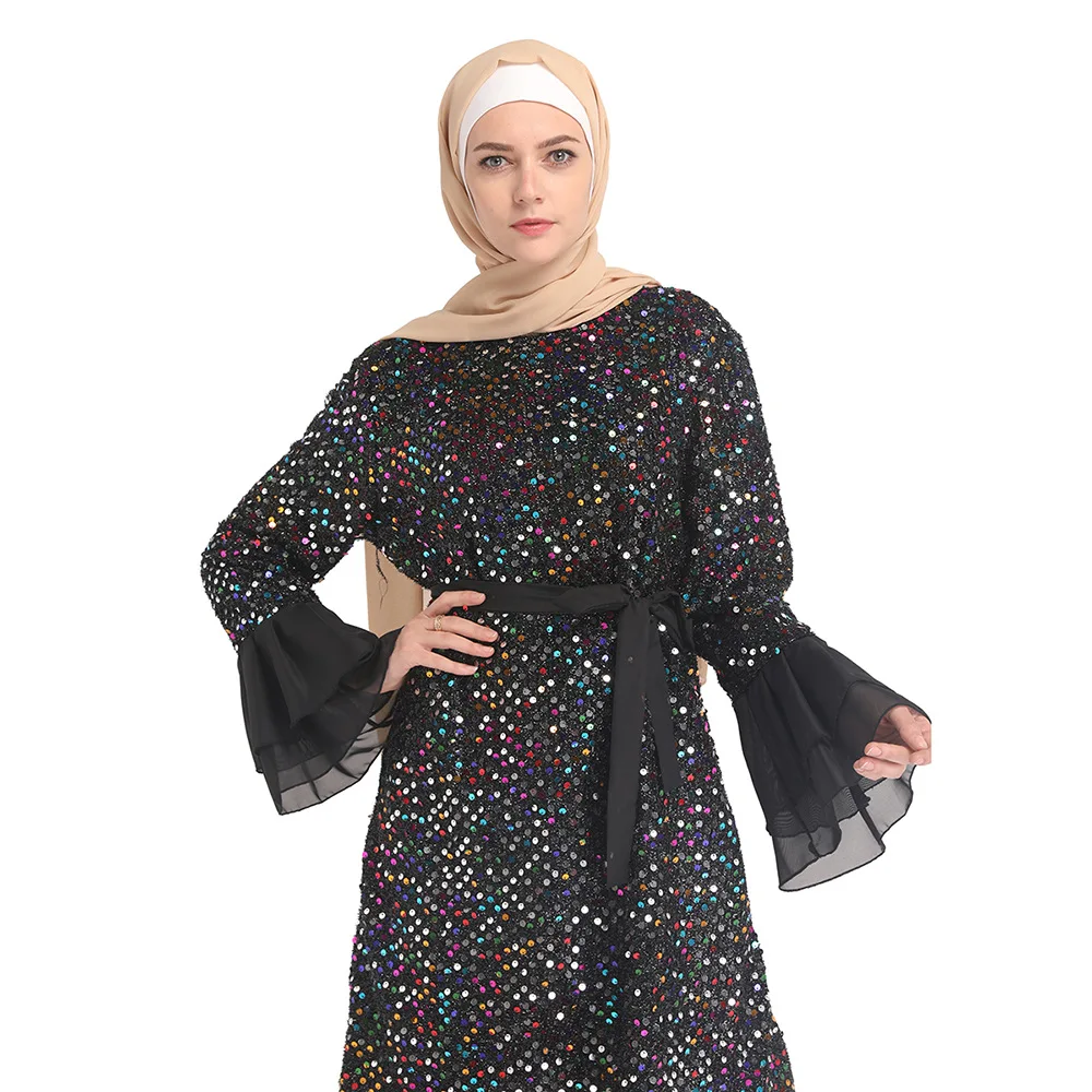 

WEPBEL Long Maxi Dress Sequined Dress Women Muslim Abaya Middle East Full Flare Sleeve High Waist Ramadan Islamic