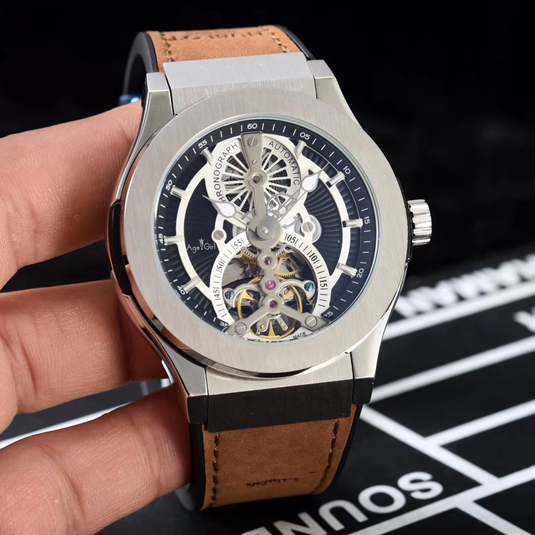 

Luxury Brand New Men Silver Black Automatic Mechanical Sapphire Tourbillion Rubber Leather Watch Waterproof Sport Skeleton White