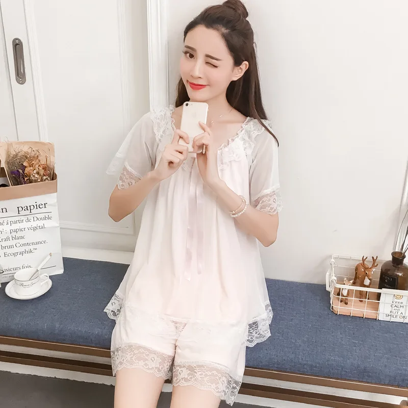 

Women Summer Thin Short Sleeve Sleepwear 100% Cotton Lace Princess Style Pajamas Korean Fresh Student Homewear Sleep Set 2PCS