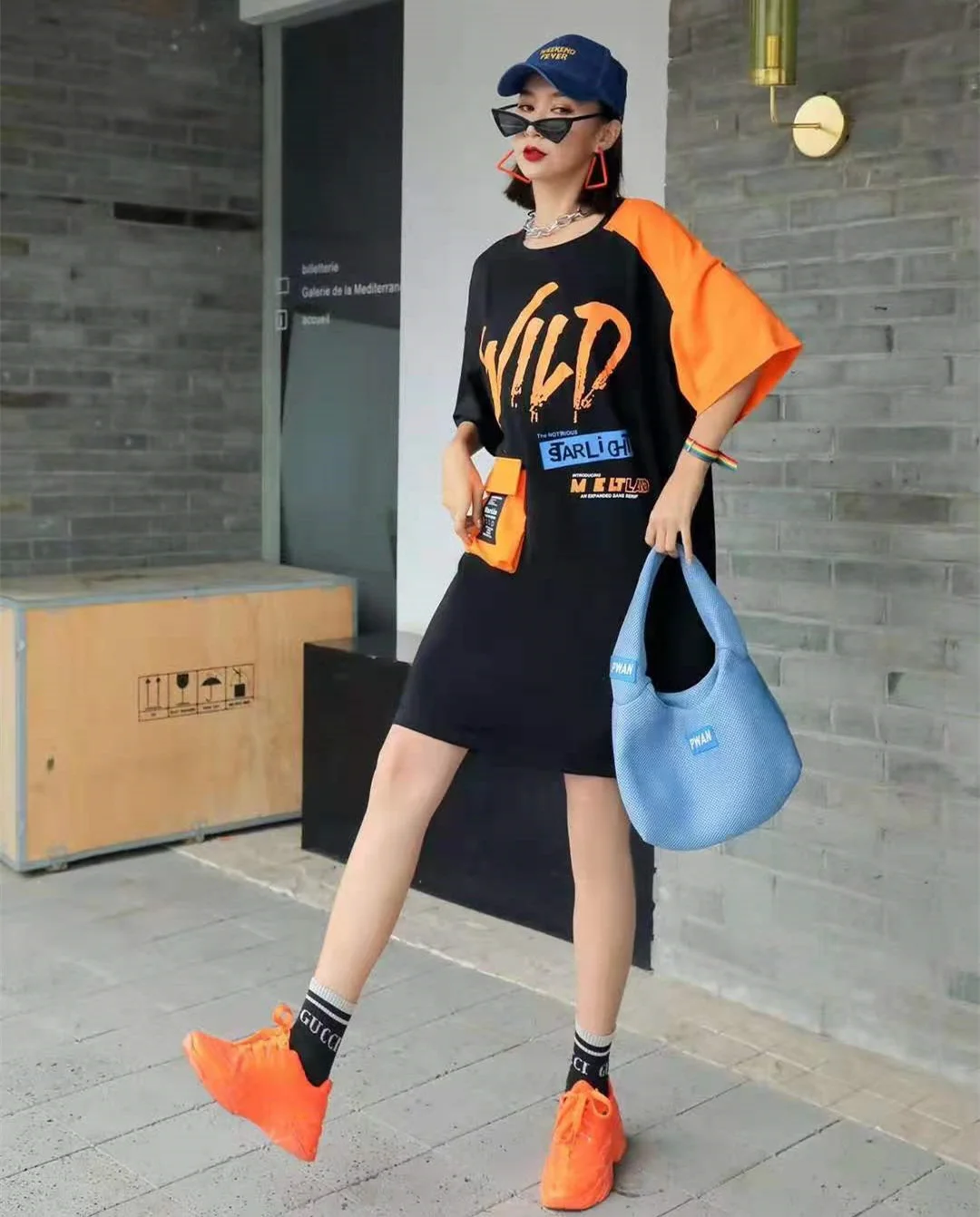 

QING MO Trendy Women T-shirt Dress 2021 Summer New Pocket Splicing Letter Printing Loose Fashion Short Sleeve Dress ZWL139