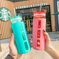 trend candy color silicone case anti scald insulation glass borosilicate straw cup men and women student cup milk tea bottle