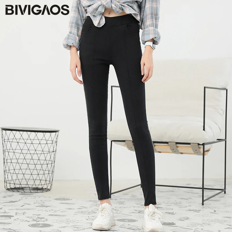 Thin - Black Gray BIVIGAOS Новинка года Мода и досуг облегающие джинсы леггинсы средней длины с песком Осень-зима женские большие размеры эластичные бархатные штаны-карандаш джеггинсы - Цвет: Thin - Black Gray