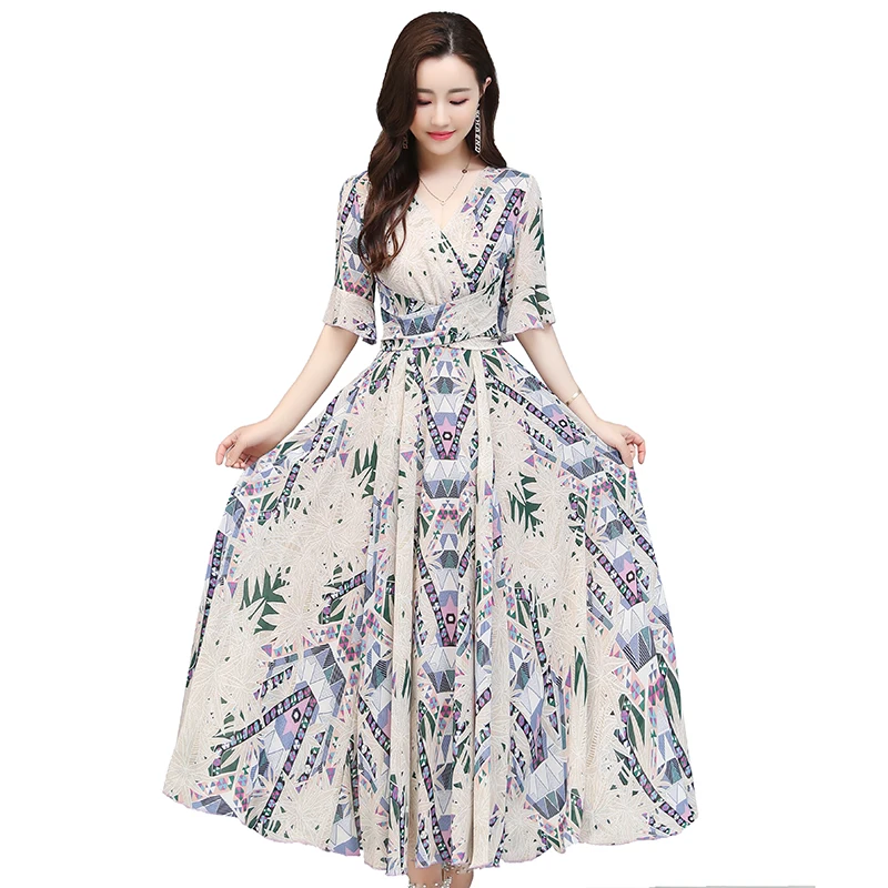 

Chiffon Dresses Women's 2021 New Summer Print Dress Female Bohemian Slim Beach Dress Lady Plus Size Waist Mid-Length Dresses
