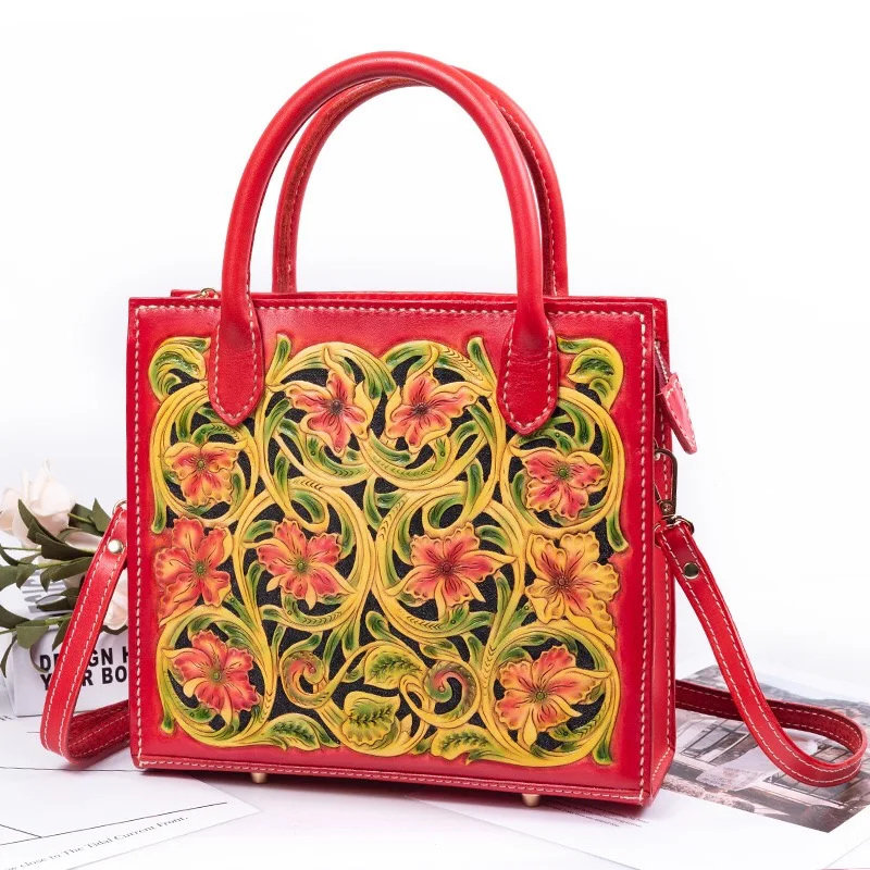

Authentic Cowskin Women Small Engraved Totes Lady Flower Purse Handbag Genuine Leather Female Red Single Cross Shoulder Bag