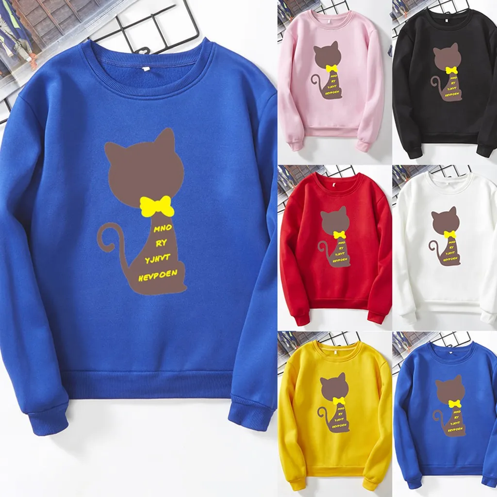 Женский свитер с принтом кота пуловер в Корейском стиле капюшоном и Pullove Модный