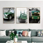Винтажный промышленный городской пейзаж, Картина на холсте, ретро, Зеленый автомобильный мост, постер с поездом, декор для кафе, гостиной, эстетические картины