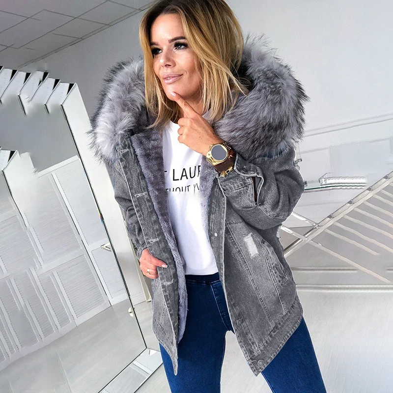 

Denim Blue Jackets for Women 2020 Winter Thick Warm Faux Fur Hooded Coats Ladies Plus Size Coats Female Vintage Outwear