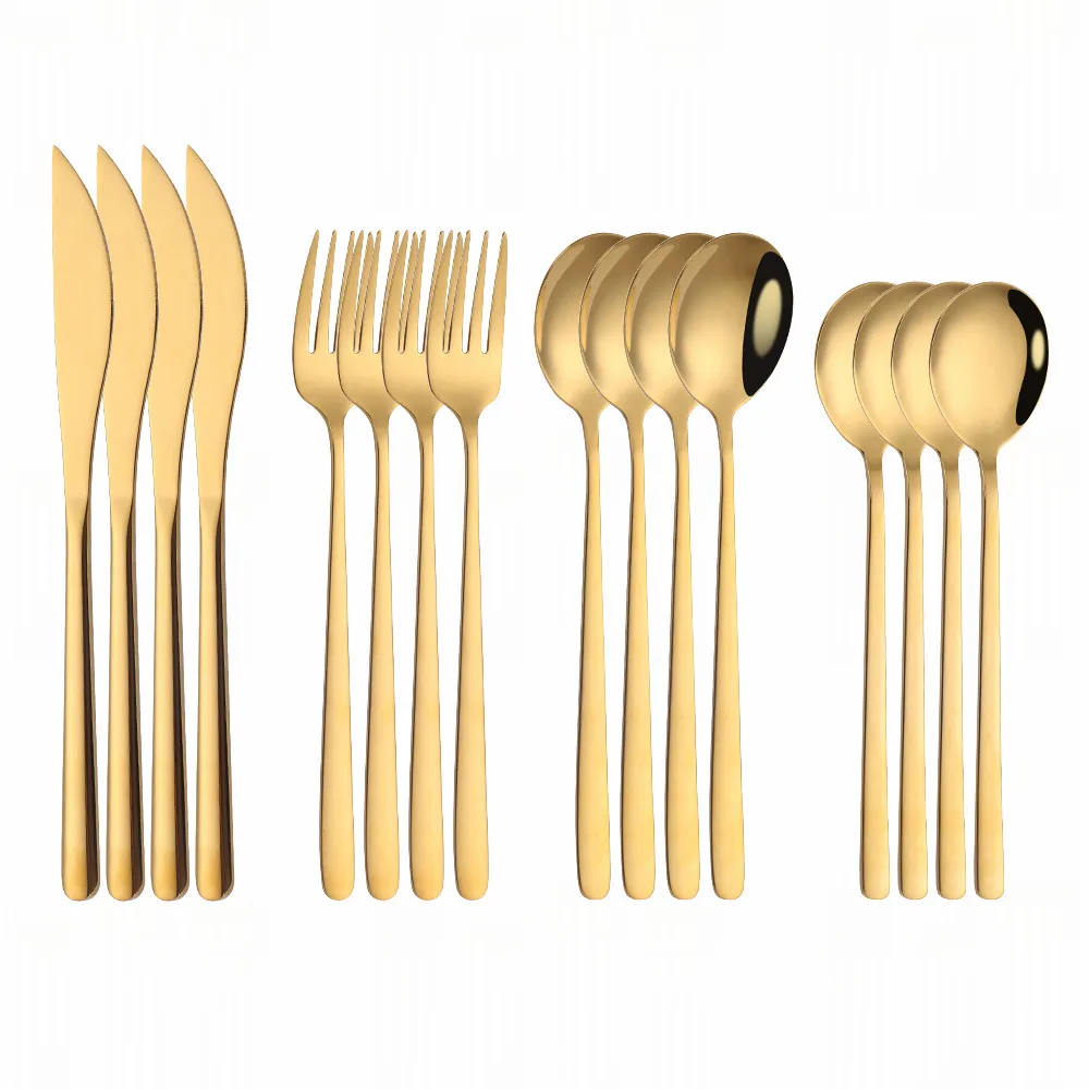 

Gold Mirror Cutlery Sets 16 Pieces Pink Handle Flatware 18/10 Stainlless Steel Dinnerware Sets with Knives Forks Spoons Cutlery