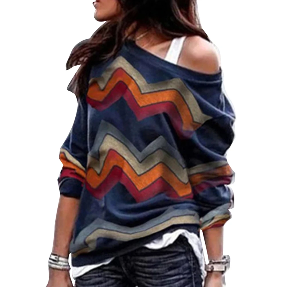 Сексуальный женский пуловер с геометрическим принтом открытыми плечами длинным