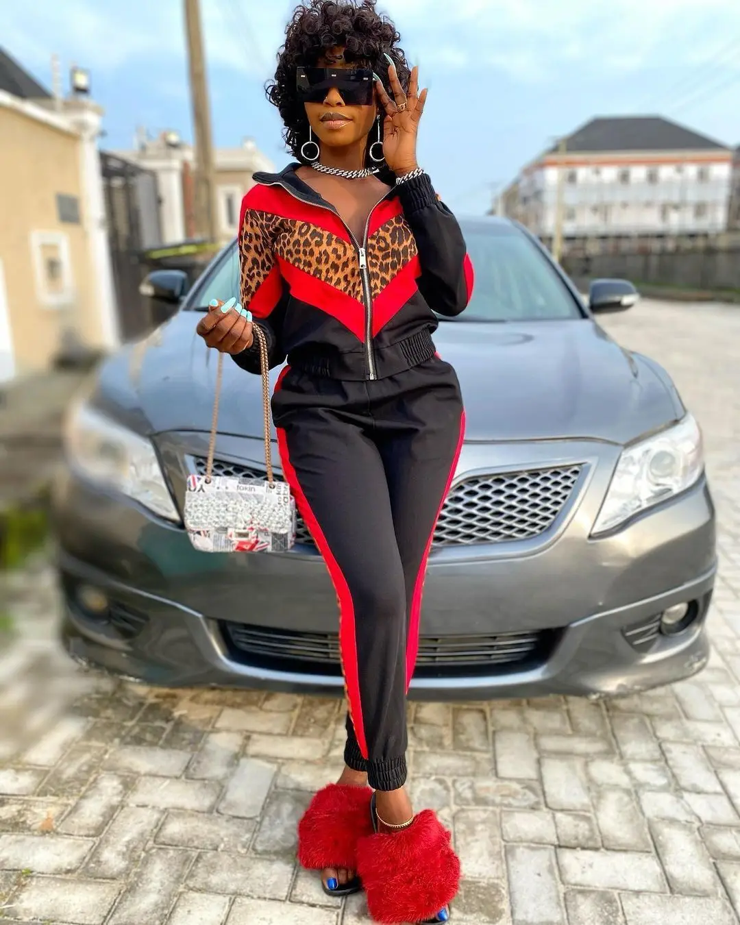 

3Y5176 Autumn Winter Women Casual Patchwork Leopard with Hood Sports Zipper Two Piece Set Tracksuit Sweatsuit Outfits Hot 2020