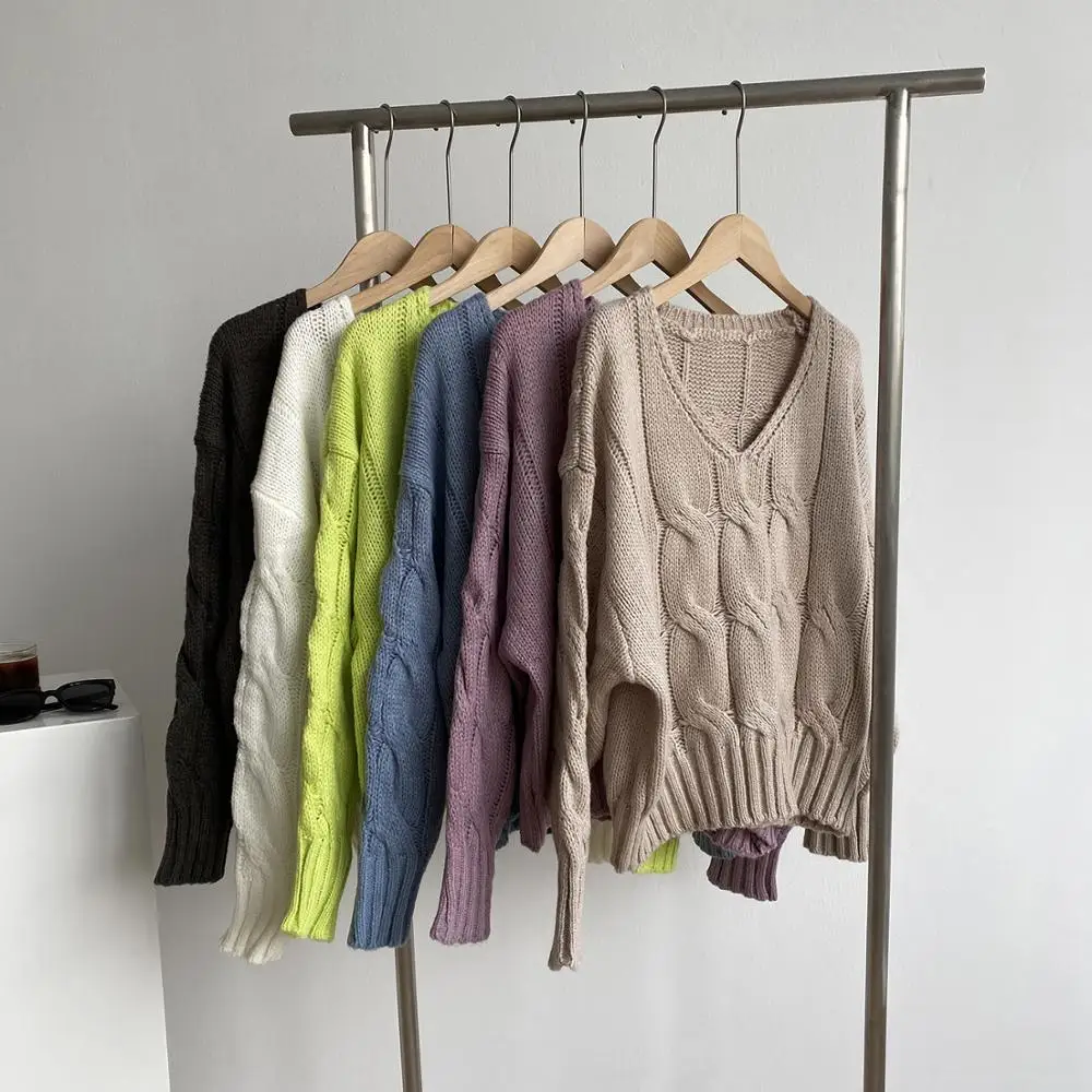 Женский пуловер с V-образным вырезом однотонный винтажный джемпер повседневный