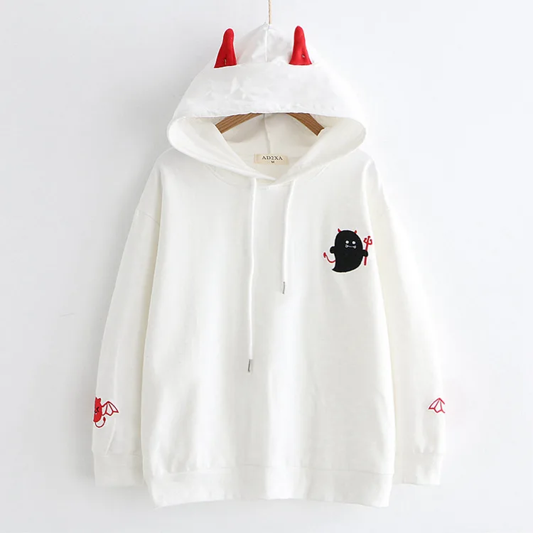 Белый Merry Pretty, женские хлопковые Толстовки, Толстовки с ушками, Harajuku, черный дьявол, вышивка, толстовка с капюшоном, пуловеры, худи для девочек - Цвет: Белый