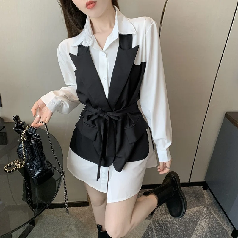 

White shirt top women's sense of design niche 2021 new spring mid long waist two long sleeve