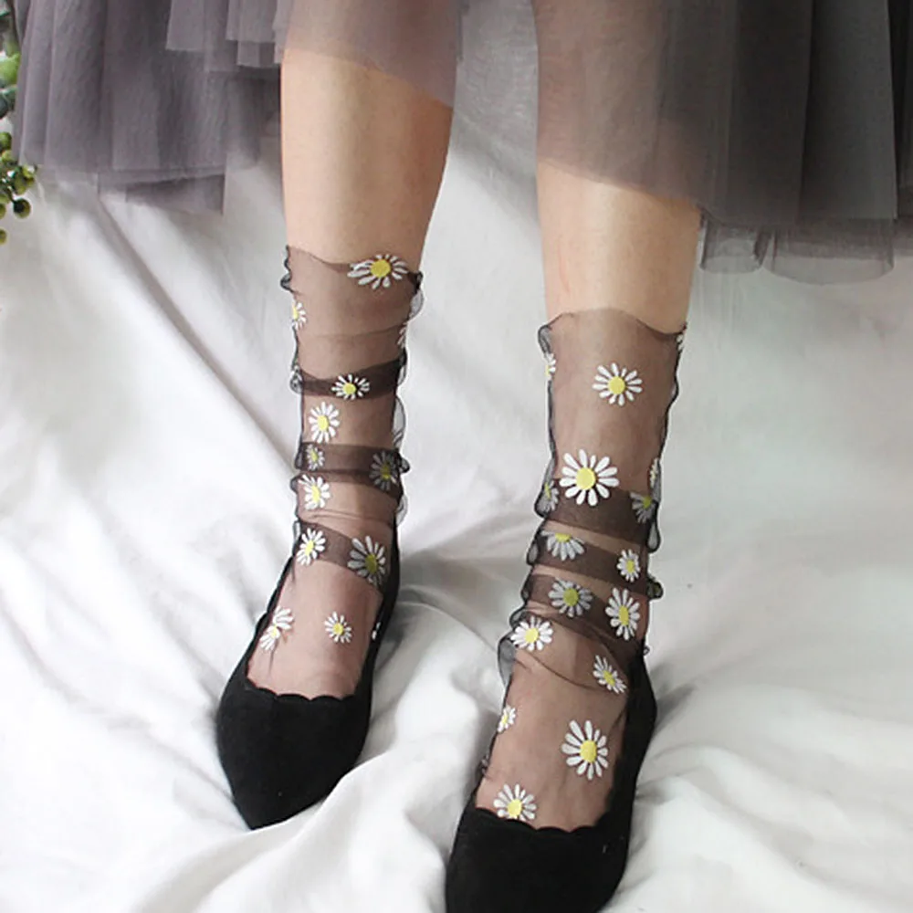 

Fashion Ultra-thin Flower Socks Women Transparent Daisy Tulle Socks Long Chiffon Socks Female Summer Streetwear Calcetines