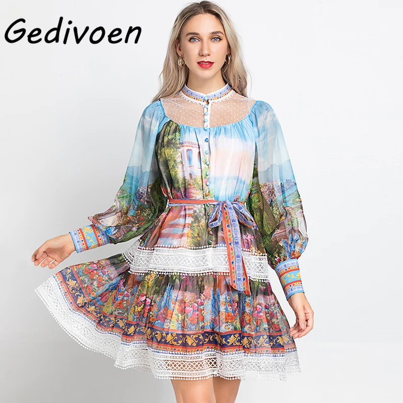 

Gedivoen Runway Designer Autumn Bohemian Print Mini Dress Women's Lantern Sleeve Spliced Stand-Neck Lace up Loose Dresses