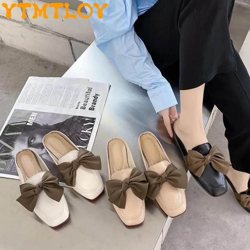 

2021 spring and summer women's shoes Korean soft leather square toe bow fashion low-heel half slippers