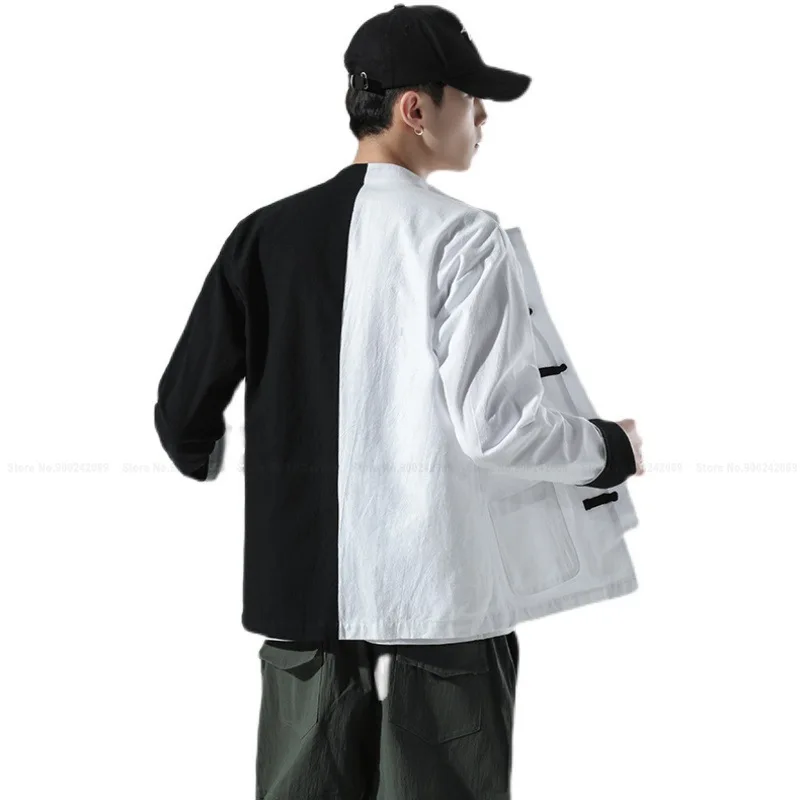 

Traditional Chinese Style Retro Tops Men Linen Black White Loose Shirts Yin Yang Button Cardigan Jackets Blouse Coat Tang Suit