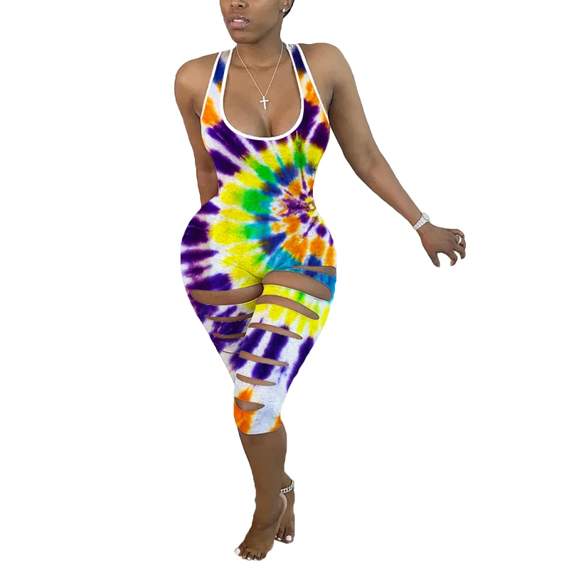 

Tie Dye Romper summer Women Sleeveless Black Hole Bodysuit Hollow Out Knee Length Jumpsuit Party Biker Playsuit One Piece Outfit