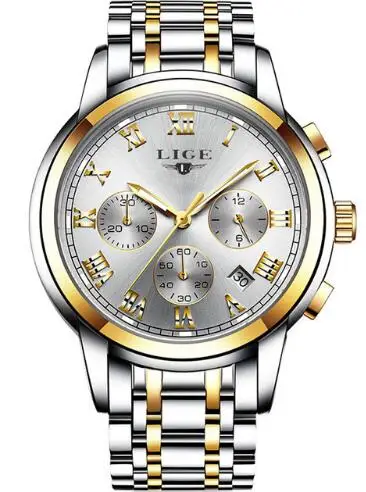 Gold White LIGE, новинка, часы для мужчин, люксовый бренд, хронограф, мужские спортивные часы, водонепроницаемые, все стали, кварцевые, мужские часы, Relogio Masculino+ коробка - Цвет: Gold White