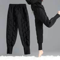 women autumn winter warm down cotton pants padded quilted trousers solid color elastic waist casual trousers pantaloons y195