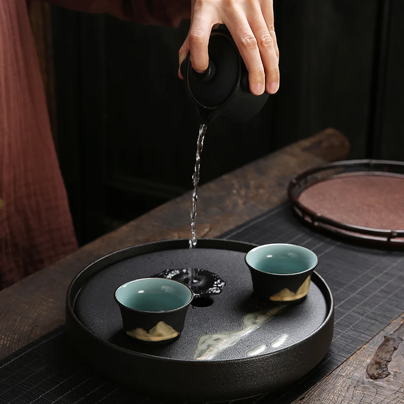 

Japanese Style Tea Tray Eco Friendly Water Storage Round Dry Bubble Tea Tray Ceramic Tea Ceremony Bandeja Kitchen Teaware DG50CP