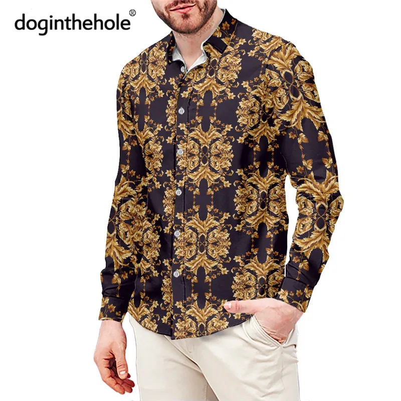 

Luxury Golden Floral Print Long Sleeve Men Shirt Vintage Turn-down Collar Social Party Guayabera Shirts Plus Size Male Clothes