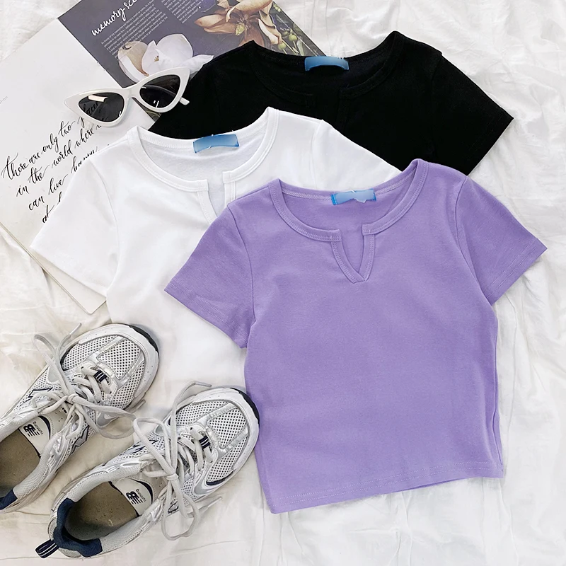 

Purple V-neck summer slim all-match short-sleeved T-shirt