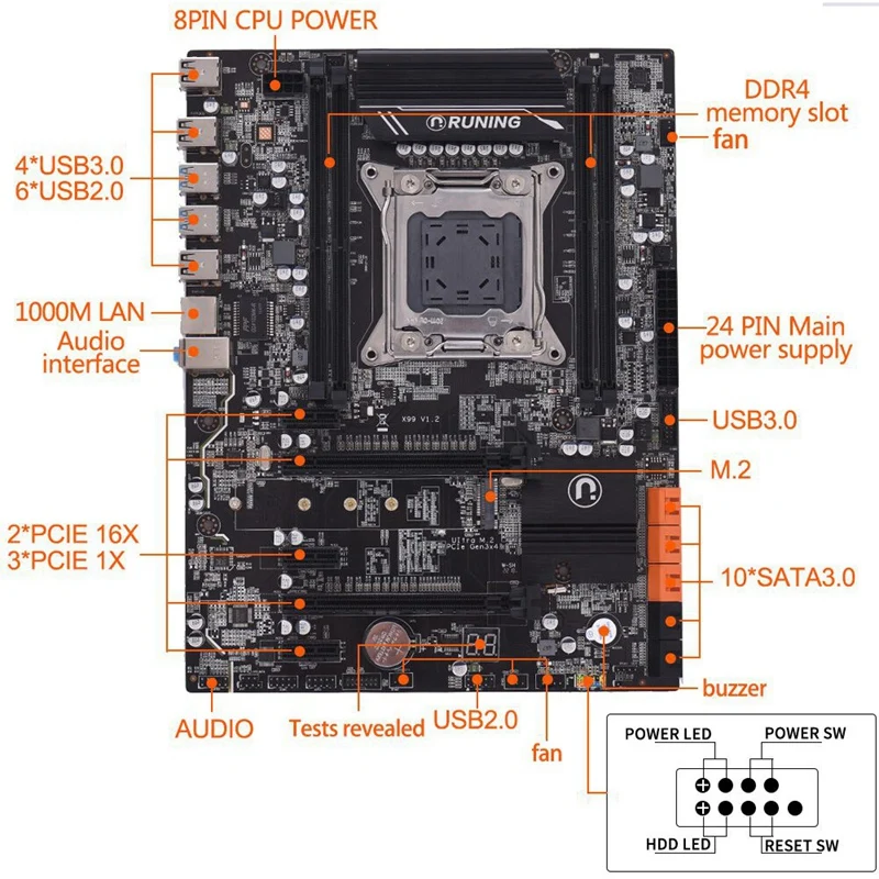 X99 Lga2011-3 материнская плата для I7 E5-V3/E5-V4 4-канальный Ddr4 64G Ram Nvme Ssd M.2 Sata3.0 Usb3.0 Pcie16X |
