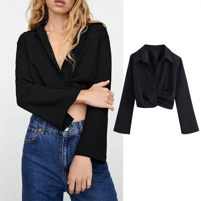 

Блузка PPYQYKX Za Женская, осенняя, модная, плиссированная, сексуальная, короткая, черная, офисная, с V-образным вырезом и длинным рукавом, в стиле ...