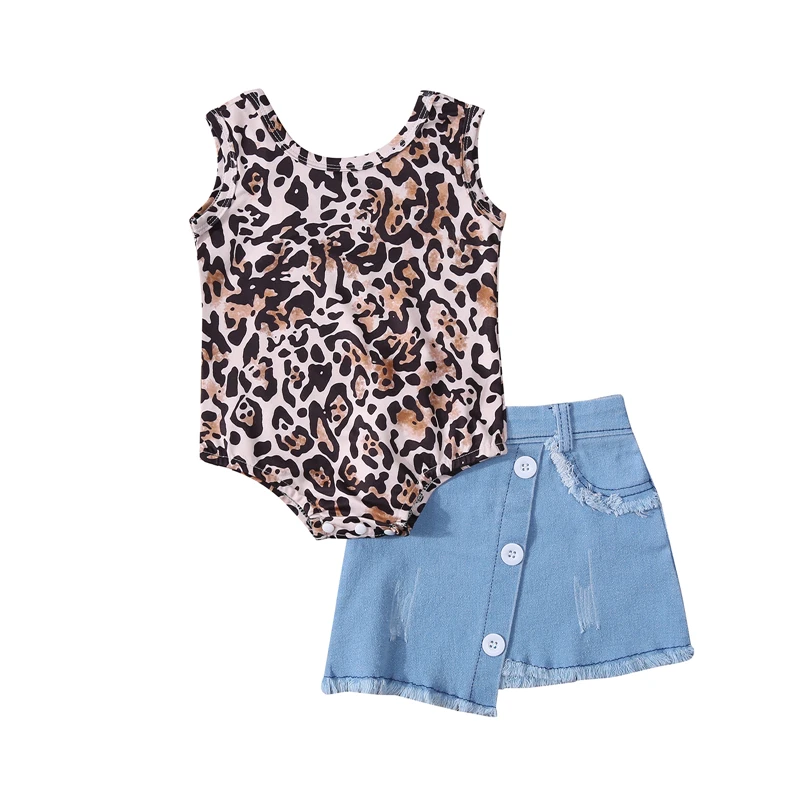 

2021 Baby Girl 2Pcs Summer Outfits Sleeveless Leopard Print Bodysuit + Frayed Hem Denim Skirt Set Newborn Girl Clothing Set