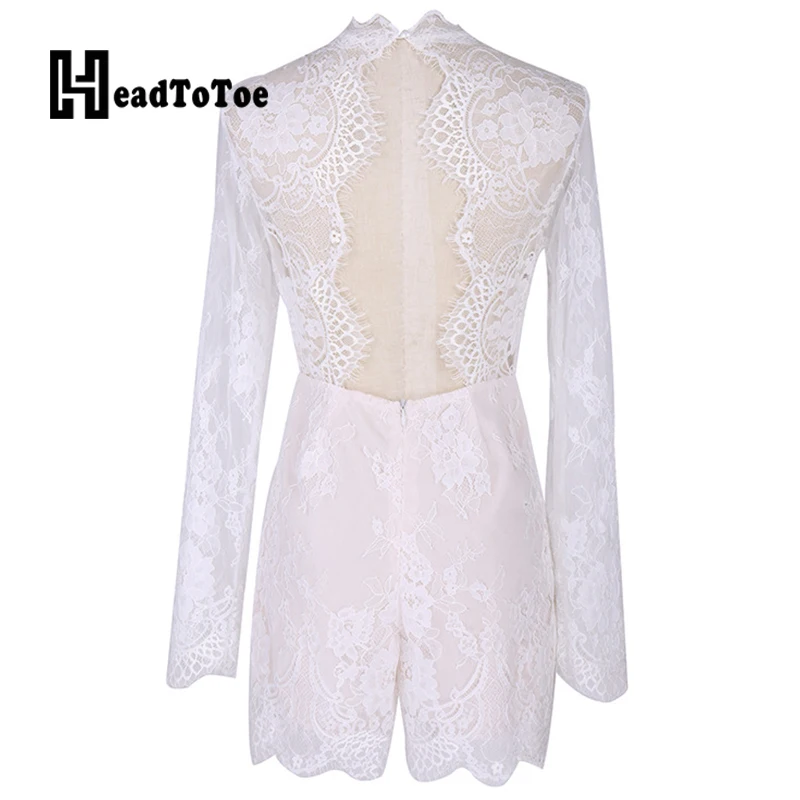 

Solid Lace Crochet Hallow Out Perspective Sexy Romper Woman Full Sleeve Round Neck Slim Skinny Playsuit Woman
