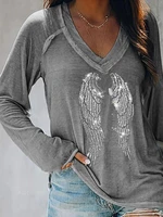 spring summer casual v neck loose oversize tee shirt gary glitter studded wing pattern long sleeve top blusas y camisas