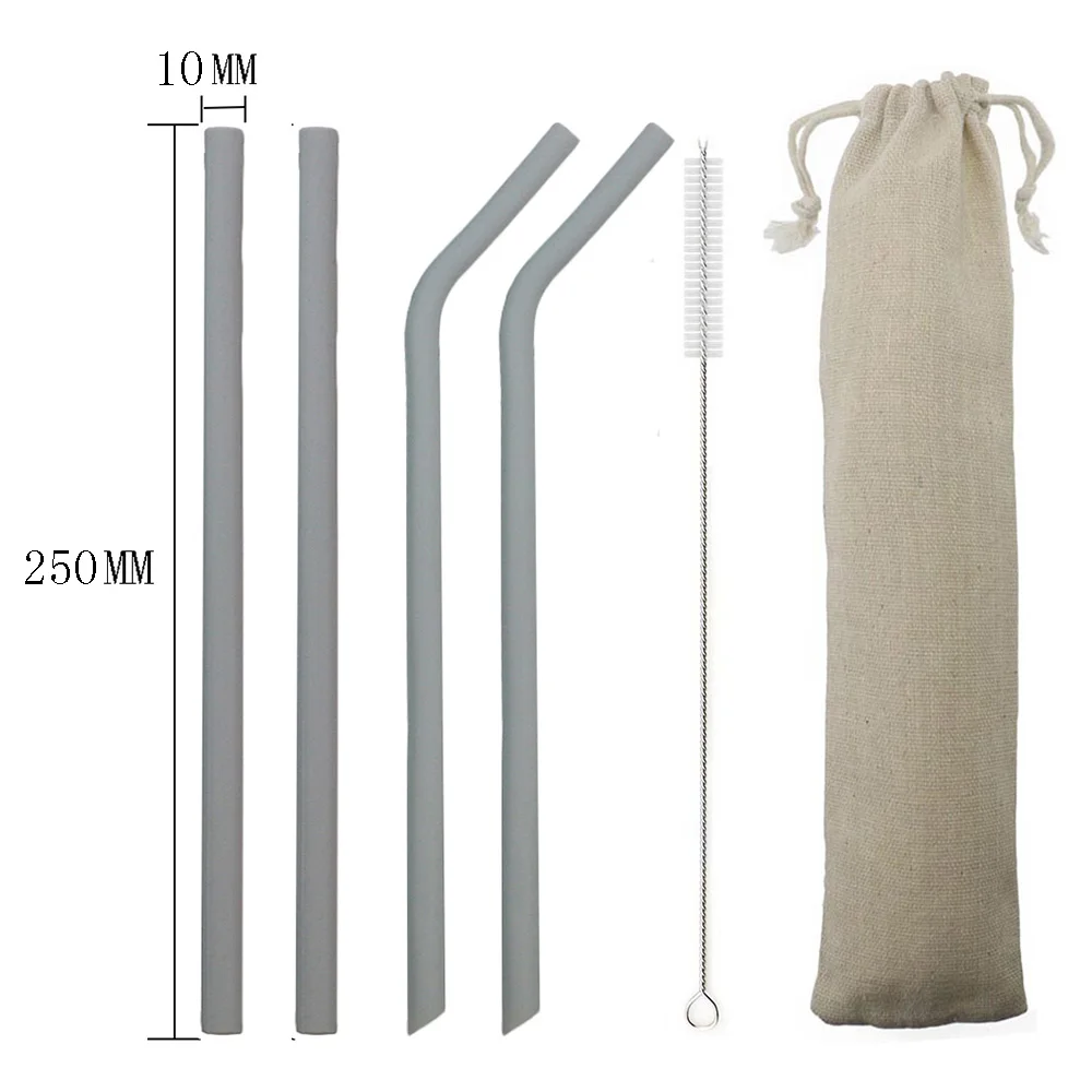 gray 250mm 6 шт./компл. красочное питье силиконовая трубочка набор 23 см 25 см пищевой соломинки для путешествий многоразовая солома с кистью сумка для хранения - Цвет: gray 250mm