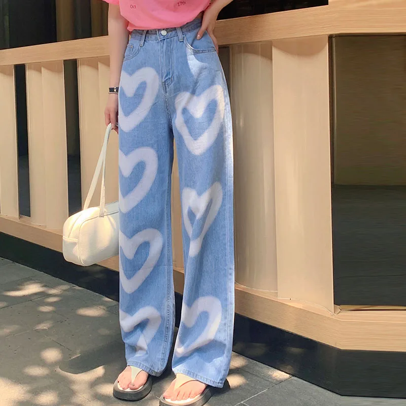 

Y2k Oversize Jeans with Print Heart Streetwear High Waisted Baggy Pants Denim Joggers Vintage Mom Straight 2021 Clothes