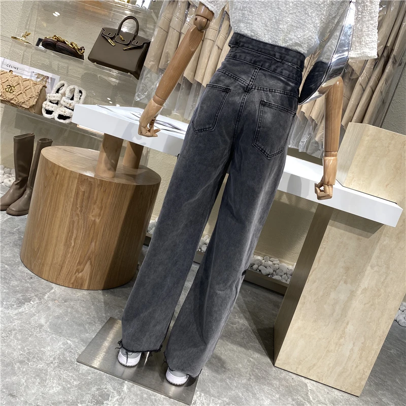 

Brand Original Design 2021 New Two Buttons High Waist Cut Jeans Side Labeling Loose And Slim Harem Pants Wild Pants