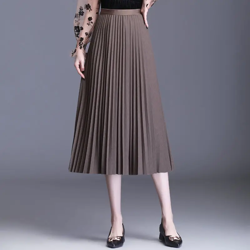 

2021 Summer Women Vintage Solid Color Pleated Midi Long Skirt Female Korean Fashion Casual Elastic High Waist A Line Skirts L665
