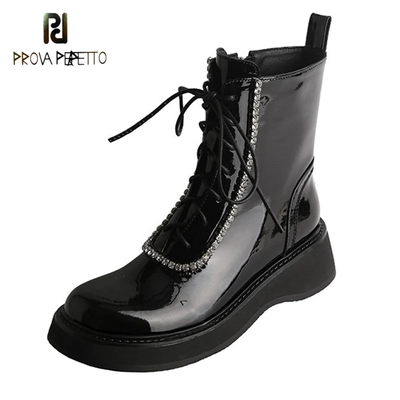 

Rhinestone Martin Boots Cow Patent Leather Trifle Thick-soled Side Zipper Ankle Boots Retro Was Thin Lace-up Motorcycle Boots