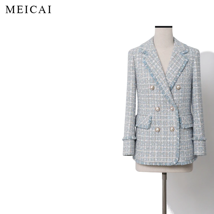 

Women double breasted tweed jacket spring 2021 new designer fringe office lady quality formal plaid outerwear blue