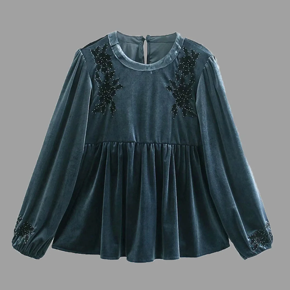 

Japan Style Blouse Spring Autumn Korean Fashion Temperament Loose Casual Retro Velvet Embroidery Round Neck Long Sleeve 2021