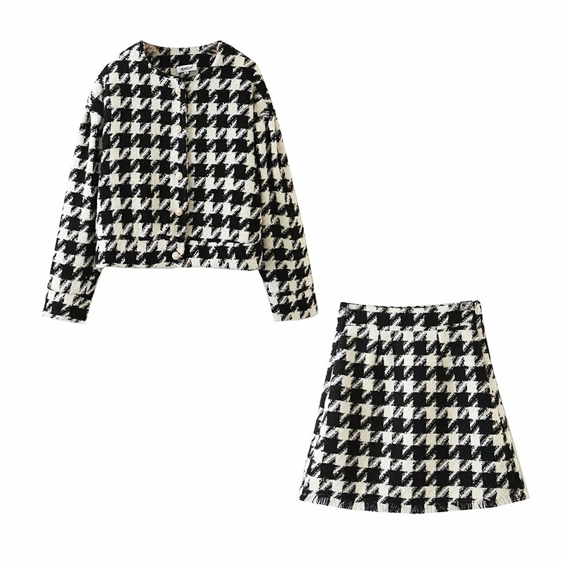 

Ailegogo Women Autumn Plaid Two Piece Set Woolen Bottons Long Sleeves Cardigans Mini Skirt Elastic Waist Streetwear Suit Sets