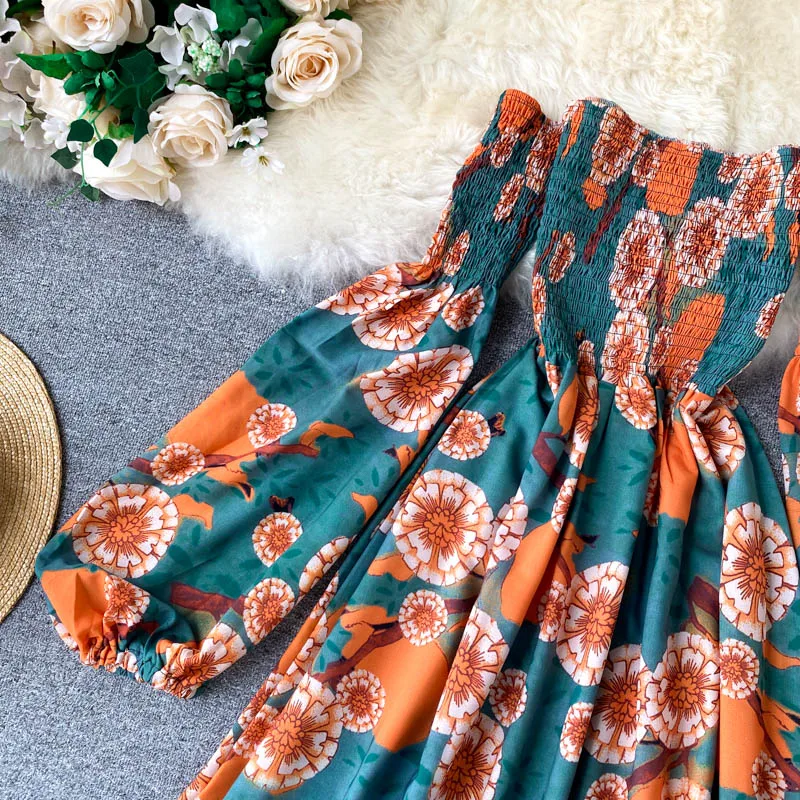 

Women Sexy Off The Shoulder Vintage Dress New 2021 Spring Autumn Slash Neck Floral Print Midi Dresses Ladies Elegant Beach Dress