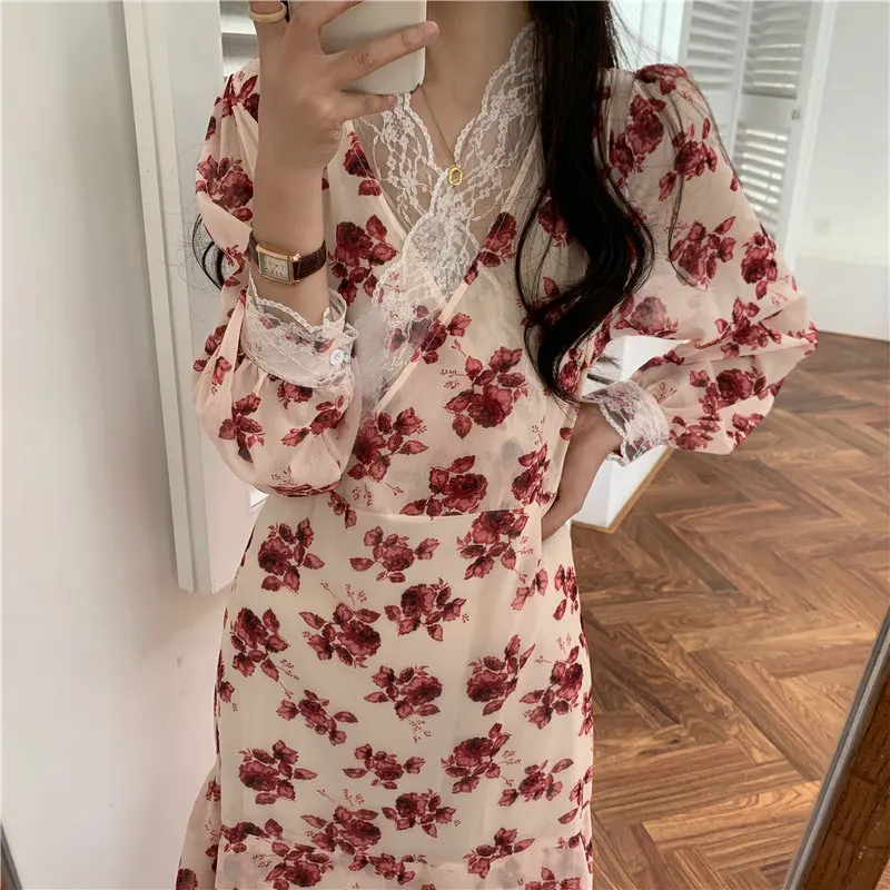 

Pink Blue Flower Chiffon Wrap Dresses Women Spring Summer Lace Hem V-Neck Long Sleeve Calf Length Holiday One Piece Robe XXXXL