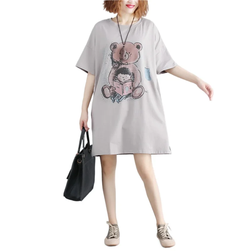 

Summer Literary Mid-length Plus Size Women's Cartoon Print T-shirt Skirt Covering Belly and Slimming Short-sleeved Dress A177