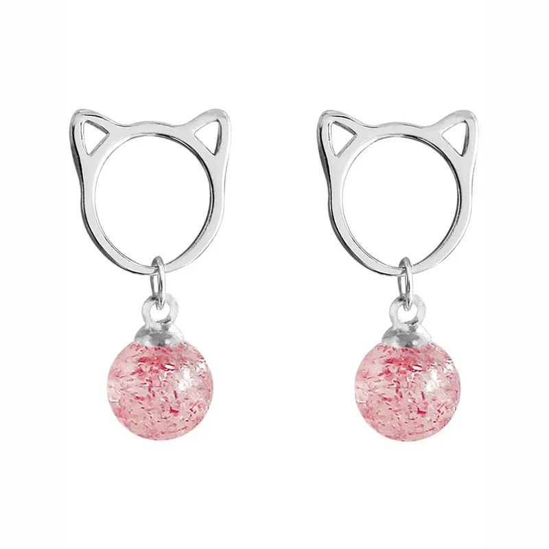 

Trend S925 Silvery Cat Drop Earrings Simple Hollow Cute Animal Jewelry Dangle Dainty Strawberry Stone Women Valentine's Day Gift